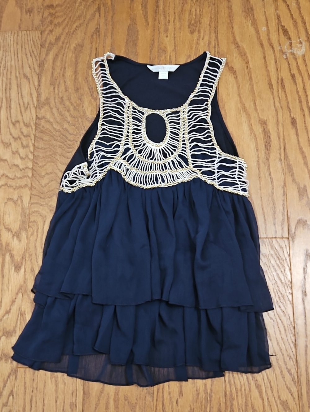 Boston Proper Navy Tiered Chiffon Cami Tank Top Crochet Beaded Neck M